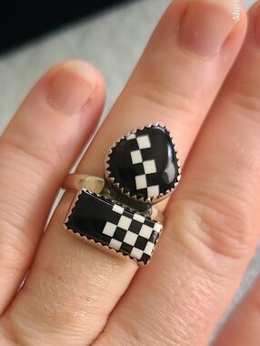 Black Onyx & White Checker Inlay Sterling Silver Dual-Panel Ring